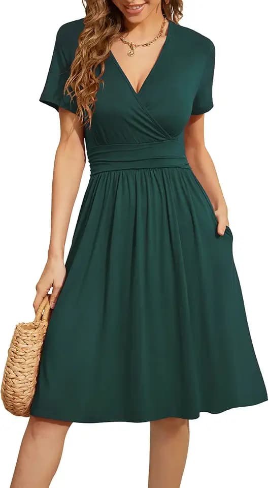 WEACZZY Women's Summer Short Sleeve Casual Dresses V-Neck Floral Party Dress with Pockets