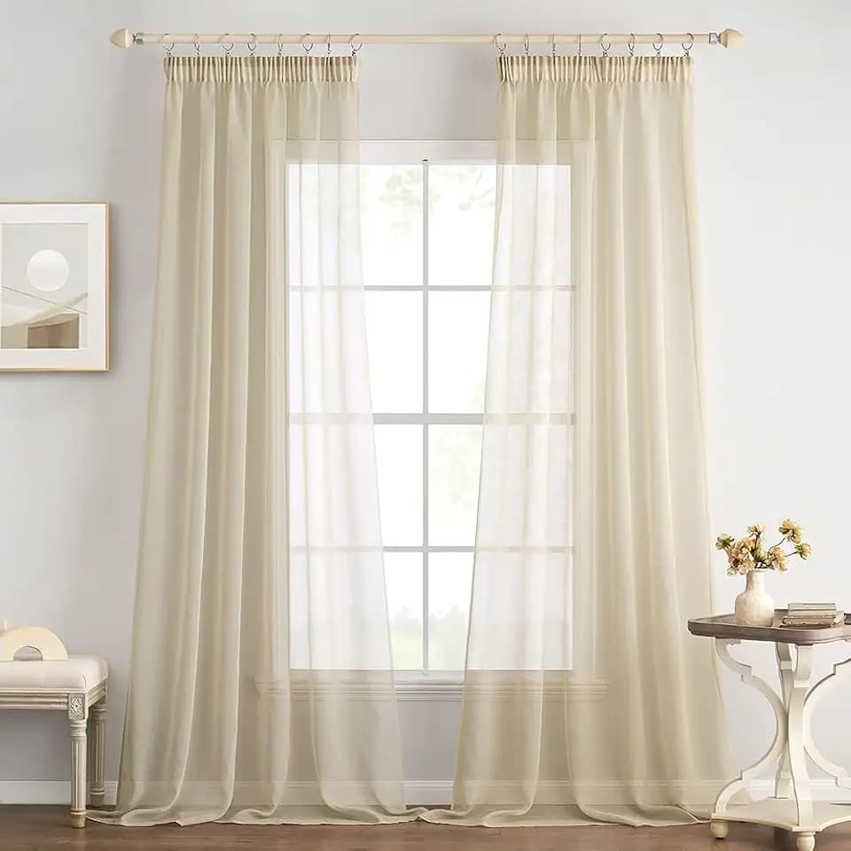 EMEMA Gardinen Vorhänge mit Kräuselband 2er Set 260cm Lang Beige Vorhang | Vorhänge mit Kräuselband Transparente Gardine für Schienensystem Wohnzimmer Luftig Dekoschal Schlafzimmer 140 X 260cm