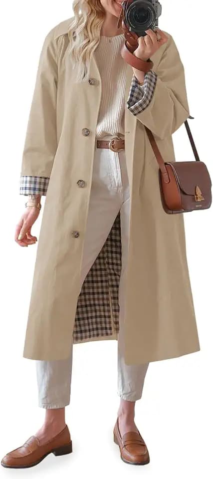 Tankaneo Womens Long Oversized Single Breasted Windproof Trench Coat