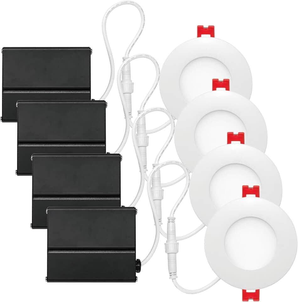 Globe Electric 91125 3" Ultra Slim LED Integrated Recessed Lighting Kit, 4-Pack, 6 Watts, Energy Star, IC and Wet Rated, Dimmer Switch Compatible, White Finish, 3.25" Hole Size, 420 Lumens, 3000K