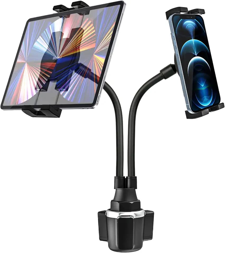 Cup Holder Tablet Mount for Car, [Double Device Clamp] Dual iPad Phone Car Mount with 10" Gooseneck Adjustable Arm for iPad Pro Air Mini, Galaxy Tabs, Z Fold, Fire HD, iPhone, 4.7-13" Devices