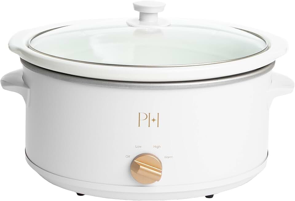Paris Hilton 6-Quart Manual Slow Cooker, Naturally Nonstick Stoneware Ceramic Insert, Three Settings (Low, High, Warm), Dishwasher Safe Family Size Slow Cooker, White