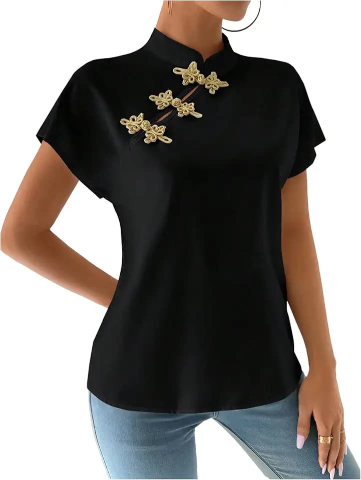 MakeMeChic Women's Chinese Tops Mock Neck Business Casual Shirts