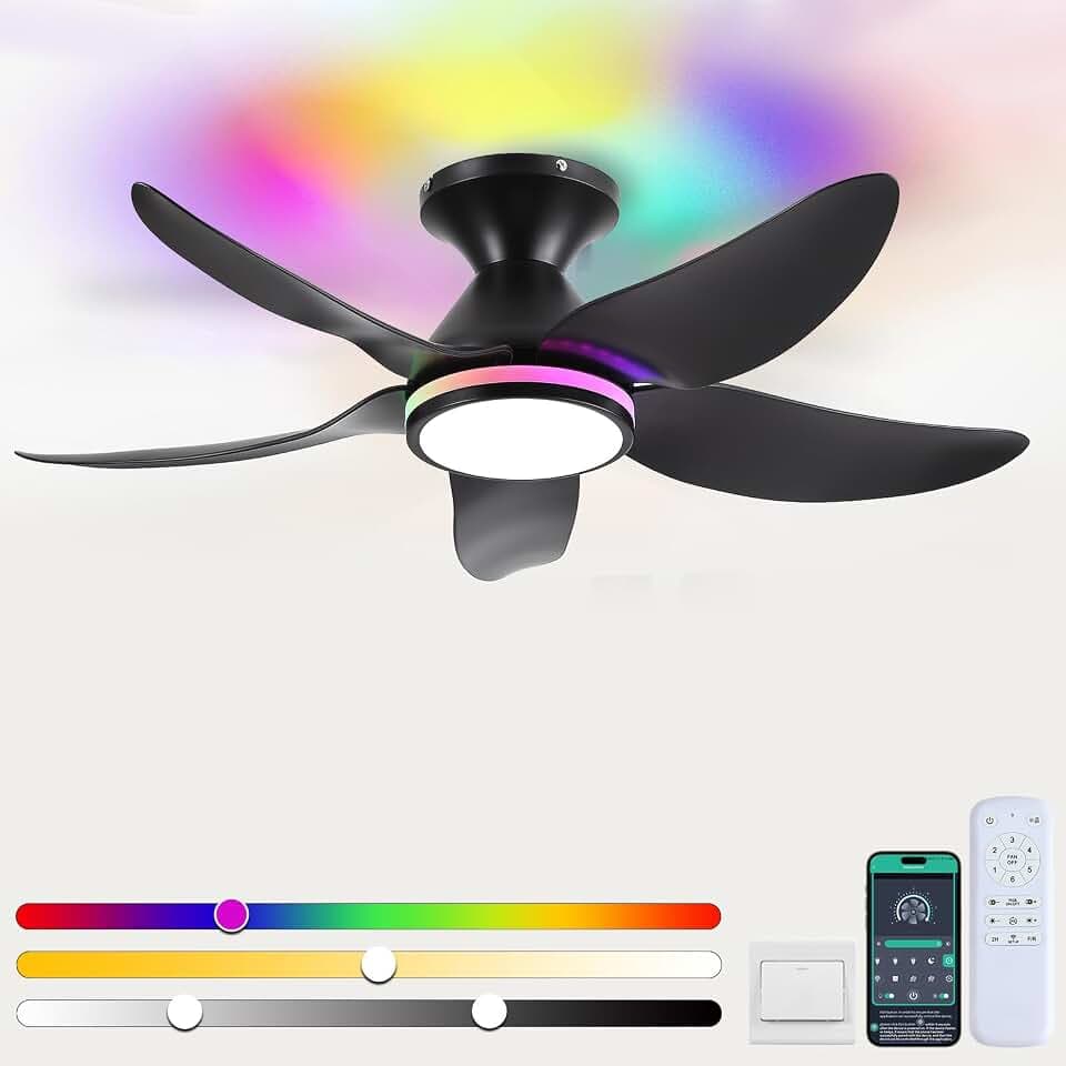 Kviflon 38 In Ceiling Fans with RGB Ring Lights Remote/APP,5 Blades Black