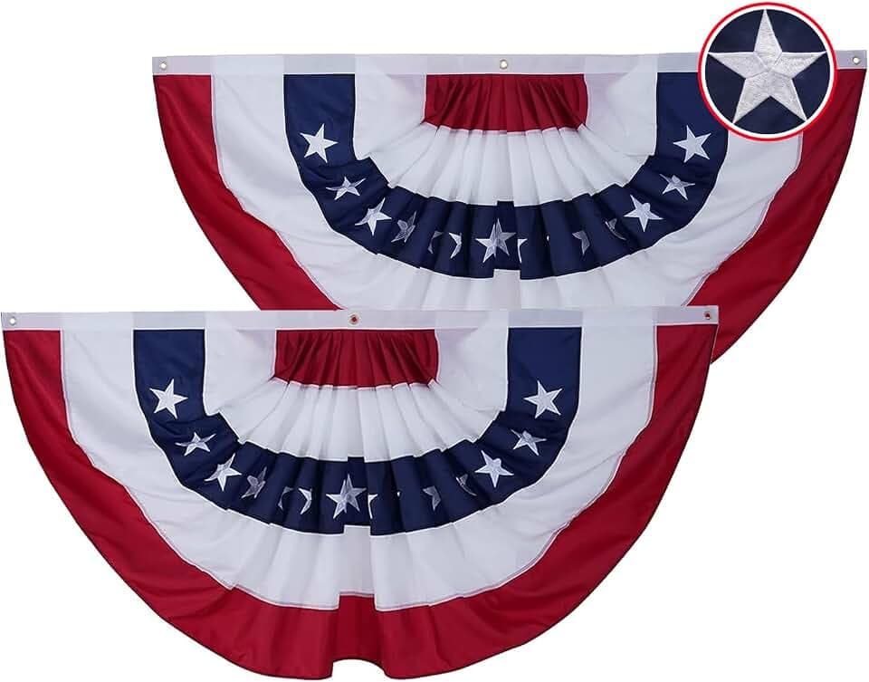 American Bunting Flags Outdoor 3x6 ft 2 Pack, Heavy Duty Embroidered Flag Buntings for Outside Use, Patriotic Bunting Banner US Pleated for 4th of July 250th Anniversary