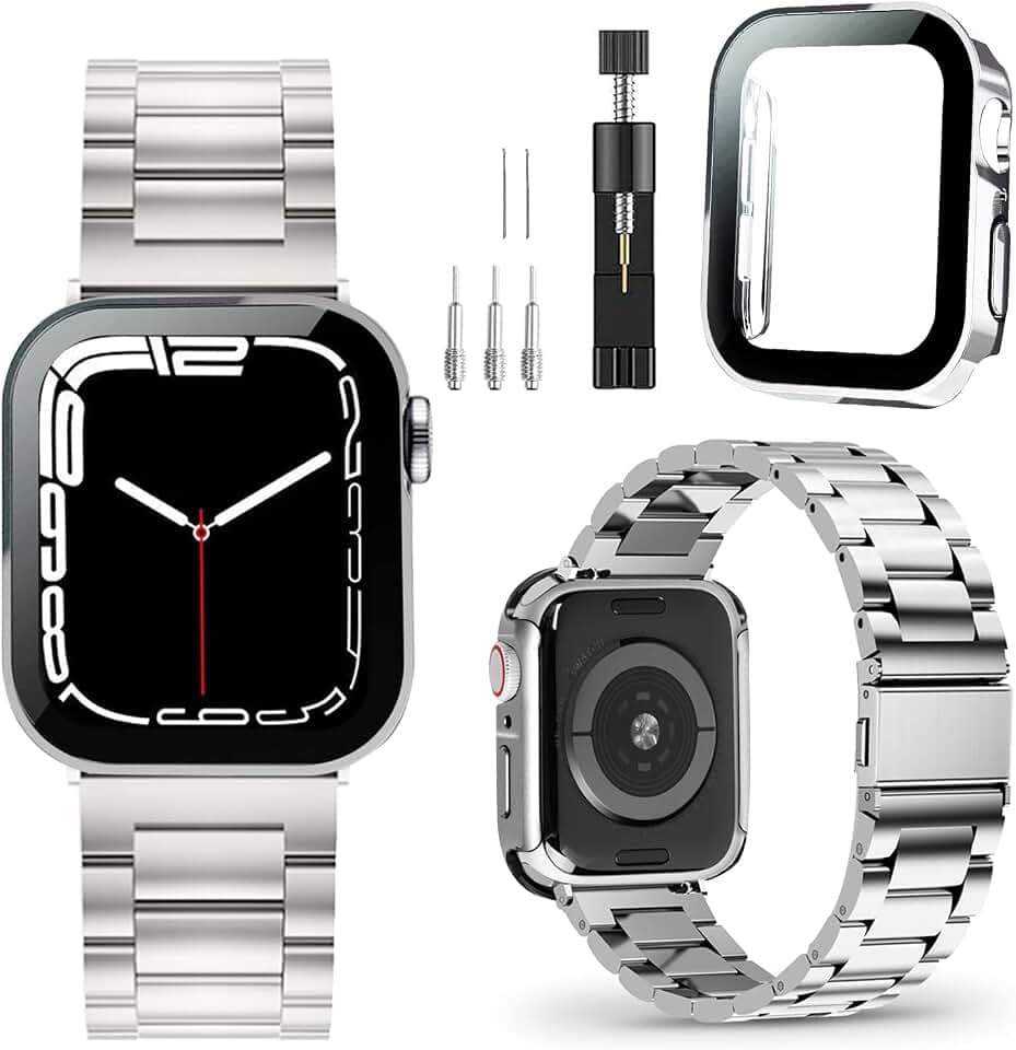 Armband Kompatibel mit Apple Watch 9/8/7,Armband aus edelstahl und wasserdicht galvanisiertes schutzhülle für Apple Watch schutzhülle 45mm(45mm schutzhülleSilber)