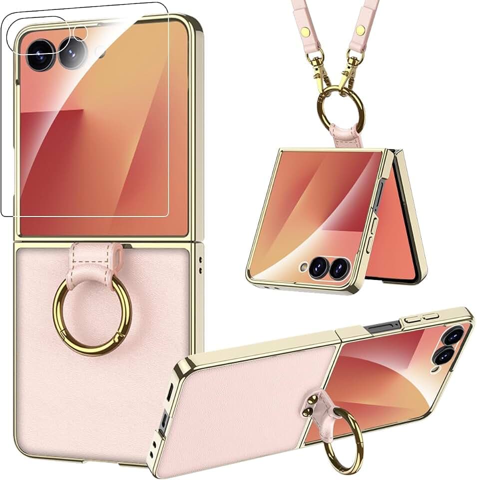 Miimall Slim Fit for Samsung Flip 7 Case with Ring,Hard Rugged Durable [Military Grade Shockproof][Kickstand] Full Body Crossbody Cover for Women,Flip7 Phone Case with Screen Protector,Pink