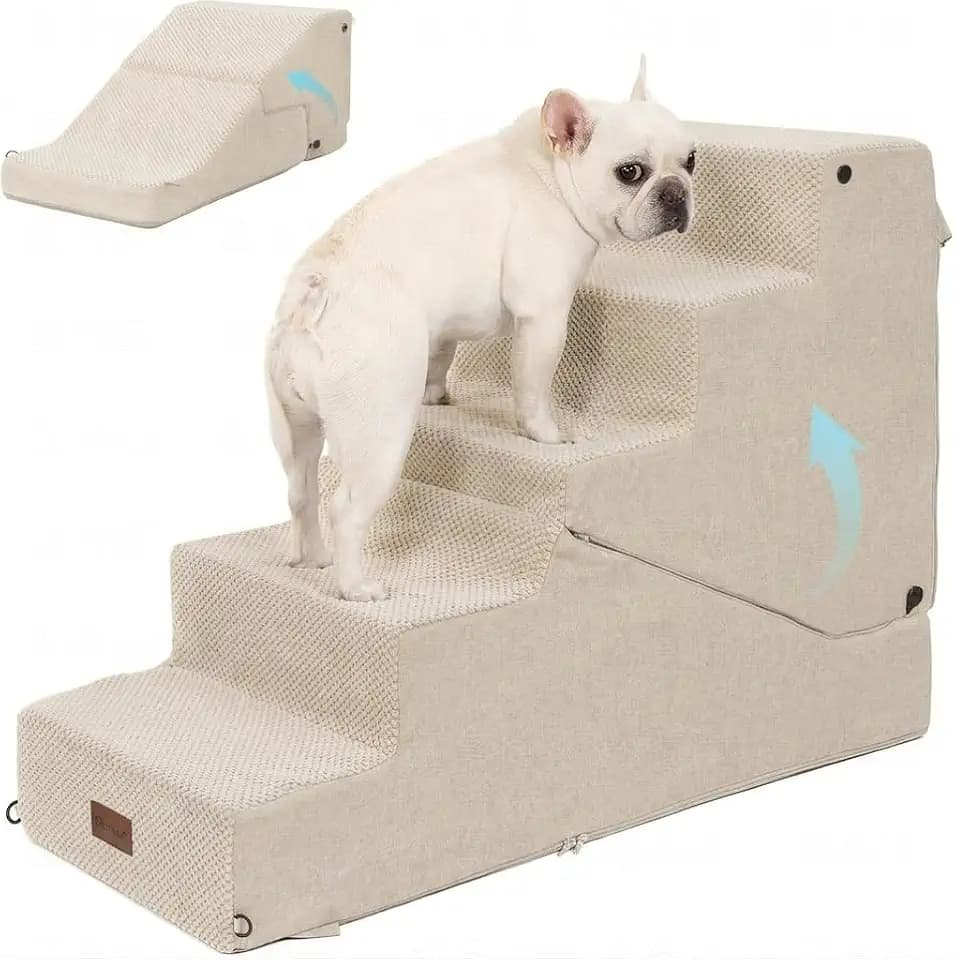 5-Step Dog Stairs and Ramp for Small Dogs and Cats, Pet Steps for High Bed with Non-Slip Bottom, Beige