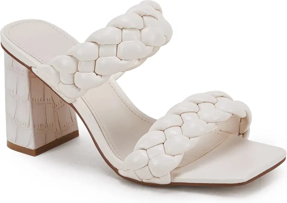 Syktkmx Womens Braided Heels Sandals Chunky Block Heel Double Strap Summer Dressy Sandal