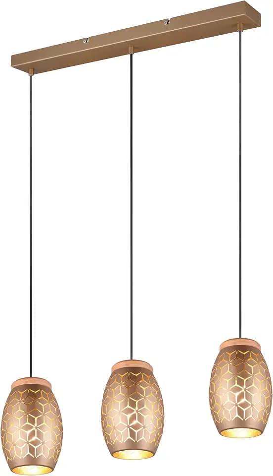 Reality Leuchten Pendelleuchte Bidar R31573065, Metall Coffee/Goldfarbig, Holz naturbelassen, exkl. 3x E27