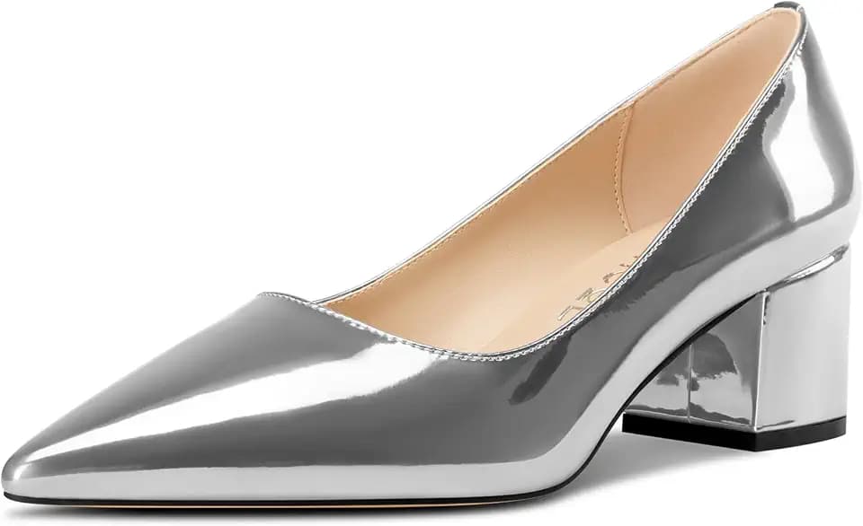Aachcol Womens Chunky Block Mid Heel Pumps Pointed Toe Slip-on Office Party Dress Patent Leather Shoes 2.0 Inches Heels
