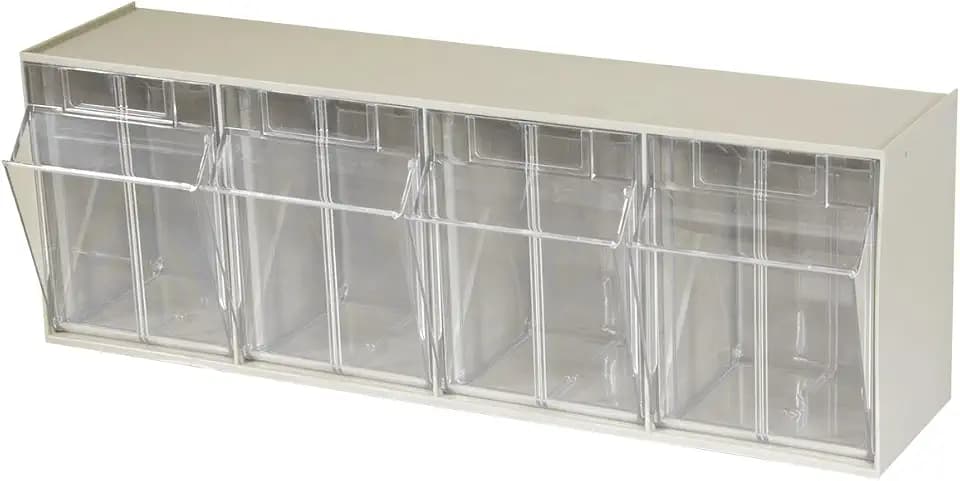 Akro-Mils TiltView Plastic Storage Cabinet with 4 Tilt Out Bins, Horizontal Plastic Parts Organizer, Teacher Toolbox, and Office Supply Organizer, 23-5/8" W x 8-3/16" H x 6-3/4" D, Stone
