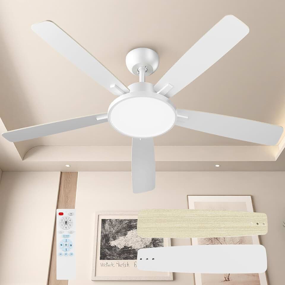 TALOYA 52 Inch White Ceiling Fans with Lights Led Remote Control Flush Mount Low Profile for Bedroom Living Dining Room Outdoor Farmhouse Patio,Reversible,DC Motor,Diammable,Buzzer ON/Off,5 Blades