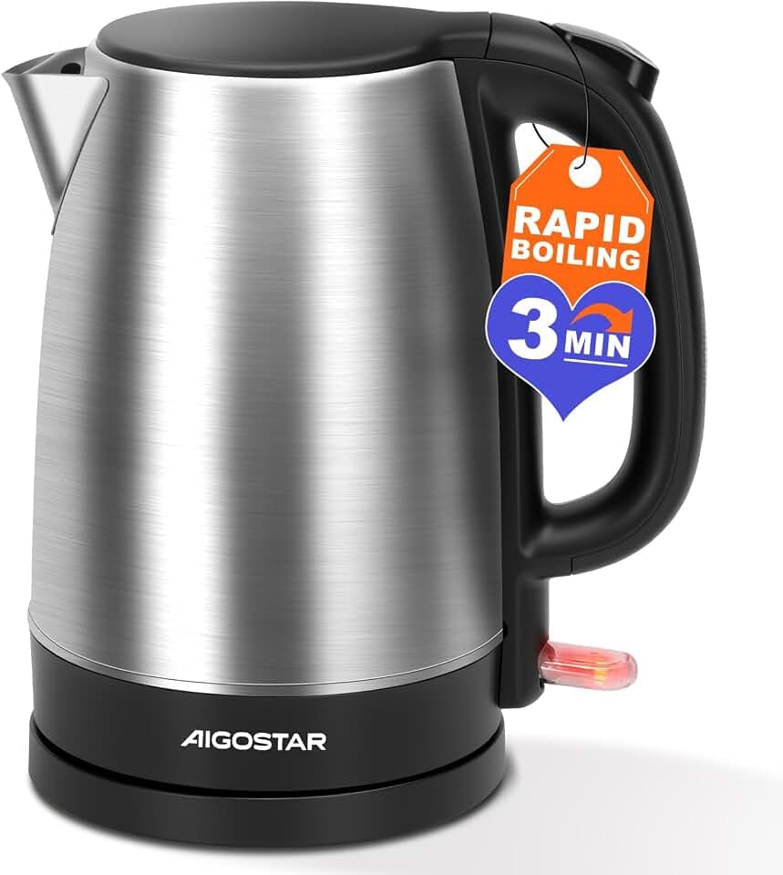 Aigostar Wasserkocher Edelstahl 1.7L Elektrisch Kalkfilter 2200W | Kabellos, Abschaltautomatik, Ideal Fuer Tee Kaffee Babynahrung, BPA Frei, Auto Stopp, Fuer Haushalt und Buero, Schwarz