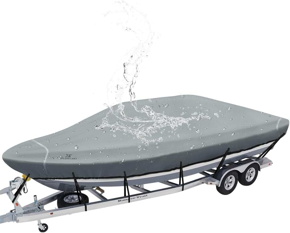 Explore Land Waterproof 900D Boat Cover, 15'-17' Long 92" Beam Width, Grey