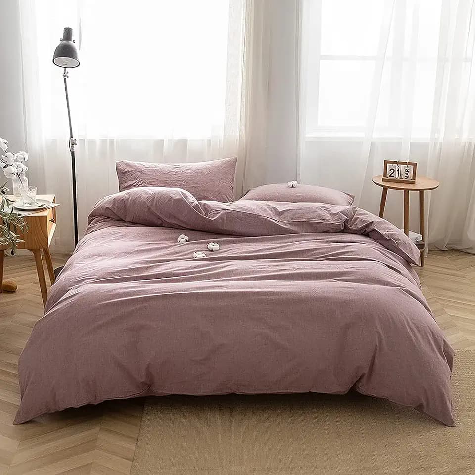 FACE TWO FACE Bedding Duvet Cover Set100% Washed Cotton Duvet Cover Linen Like Textured Breathable Durable Soft Comfy(Twin, Purple Bean Paste)