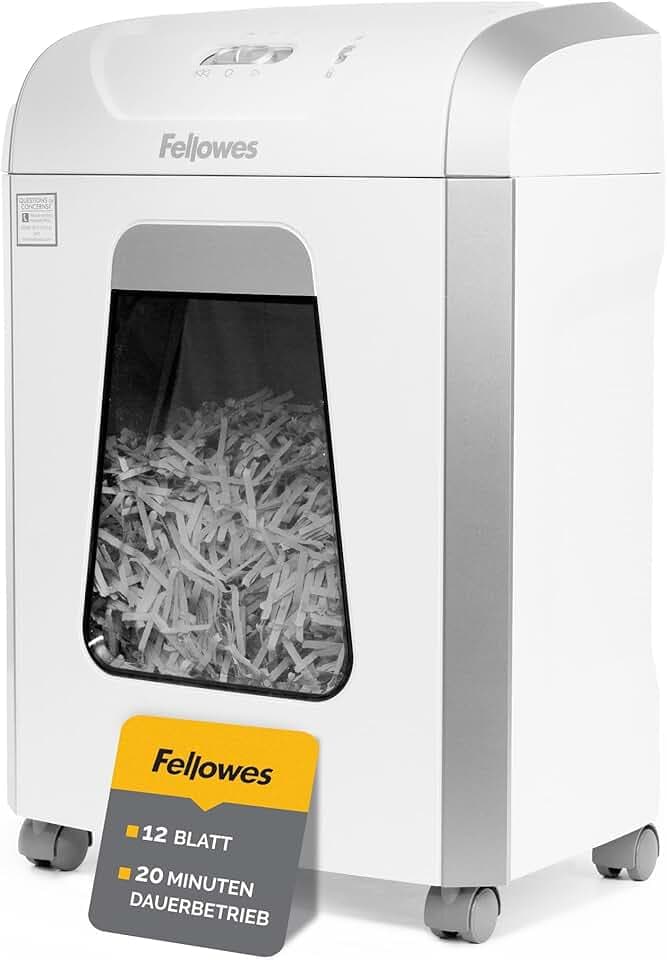 Fellowes Aktenvernichter, Papierschredder für 12 Blatt Partikelschnitt, Aktenvernichter P4, Schredder für Büro und Homeoffice, Powershred FS-12C, mit 19L Papierkorb, verarbeitet Kreditkarten, Weiß