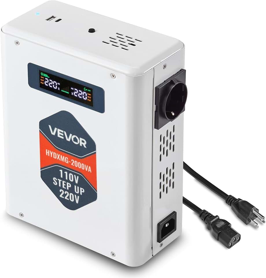 VEVOR Spannungswandler aufwärts, 2000 VA, Hochleistungs-Aufwärtswandler, 110 V auf 220 V Leistungstransformator, mit 2 EU-Steckdosen, USB-Ausgang, LCD-Display, Temperaturschutz, für 220-V-Geräte