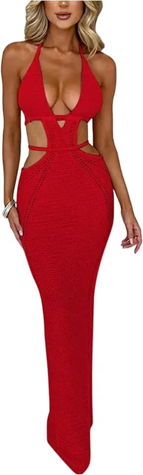 Women's Crochet Halter Maxi Dress Sexy Backless Summer Beach Vacation Dress