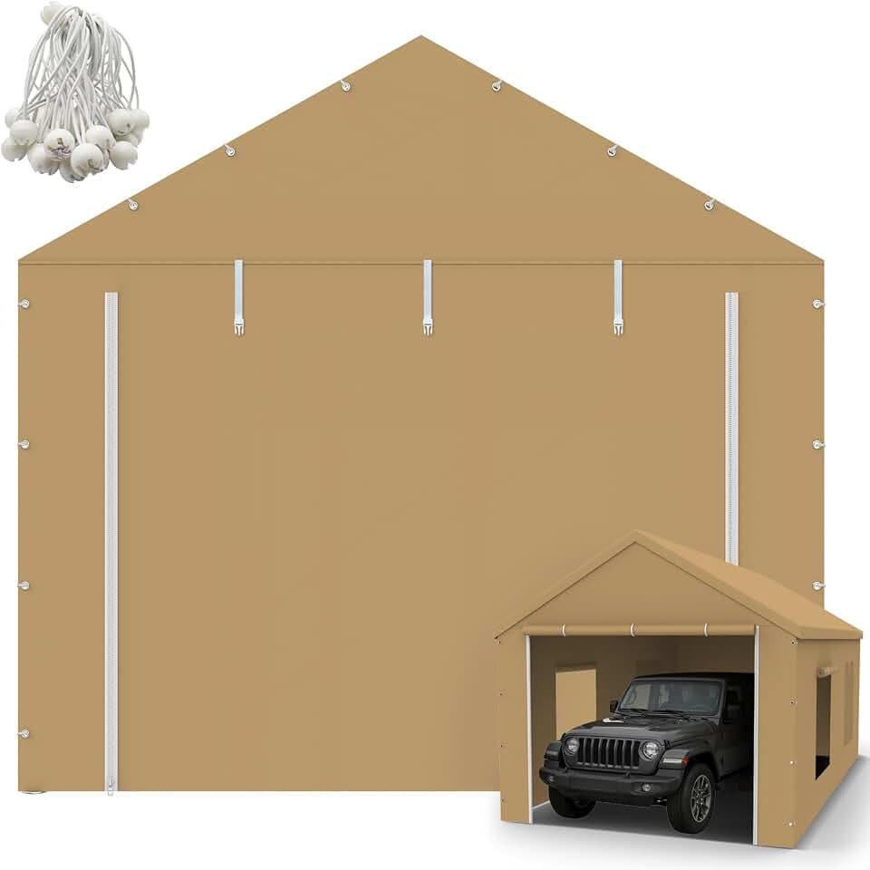 10x20FT Carport Canopy Front/Back Panel Entrance Door Tarp with Zippers, Waterproof & UV Protected Replacement Sidewall Cover with Ball Bungees (Beige, Door Panel Only, 1 Pack)