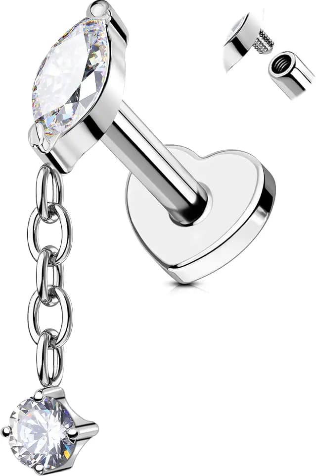 OUFER Body Piercing G23 Titanium Helix Piercing Jewelry 16G Dangle CZ Cartilage Earring Studs Internally Thread Labret Jewelry Flat Back Surgical Steel Helix Tragus Conch Earring for Women