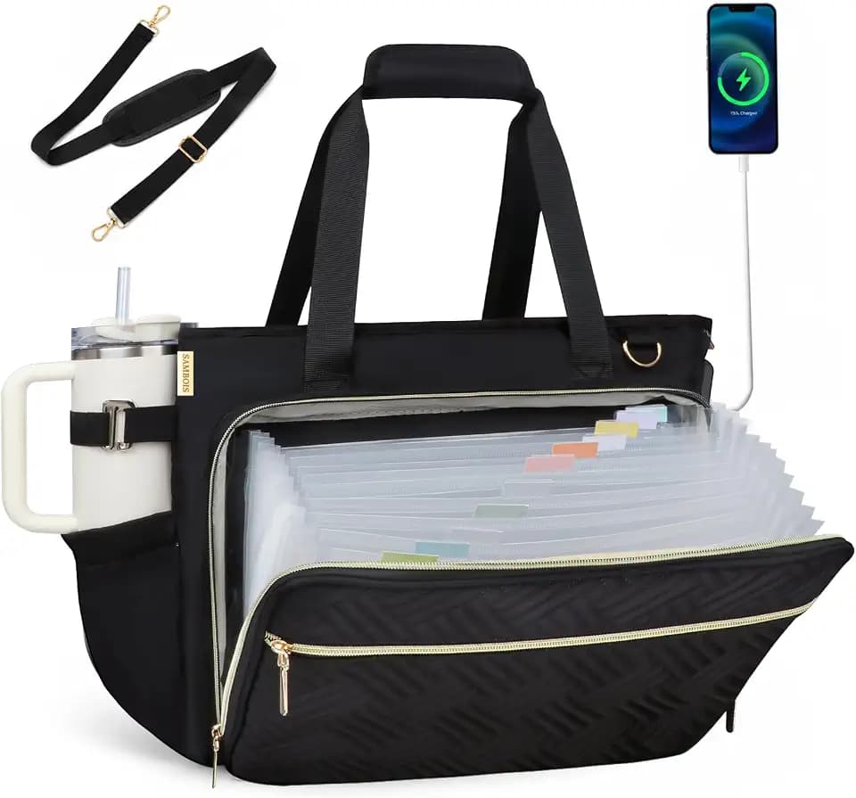 Women Teacher Tote Bag, 15.6 Inch Laptop Work Bag with Accordion File Pocket, USB Port & Large Cup Holder, Soft Nylon Office Utility Bag (Black)