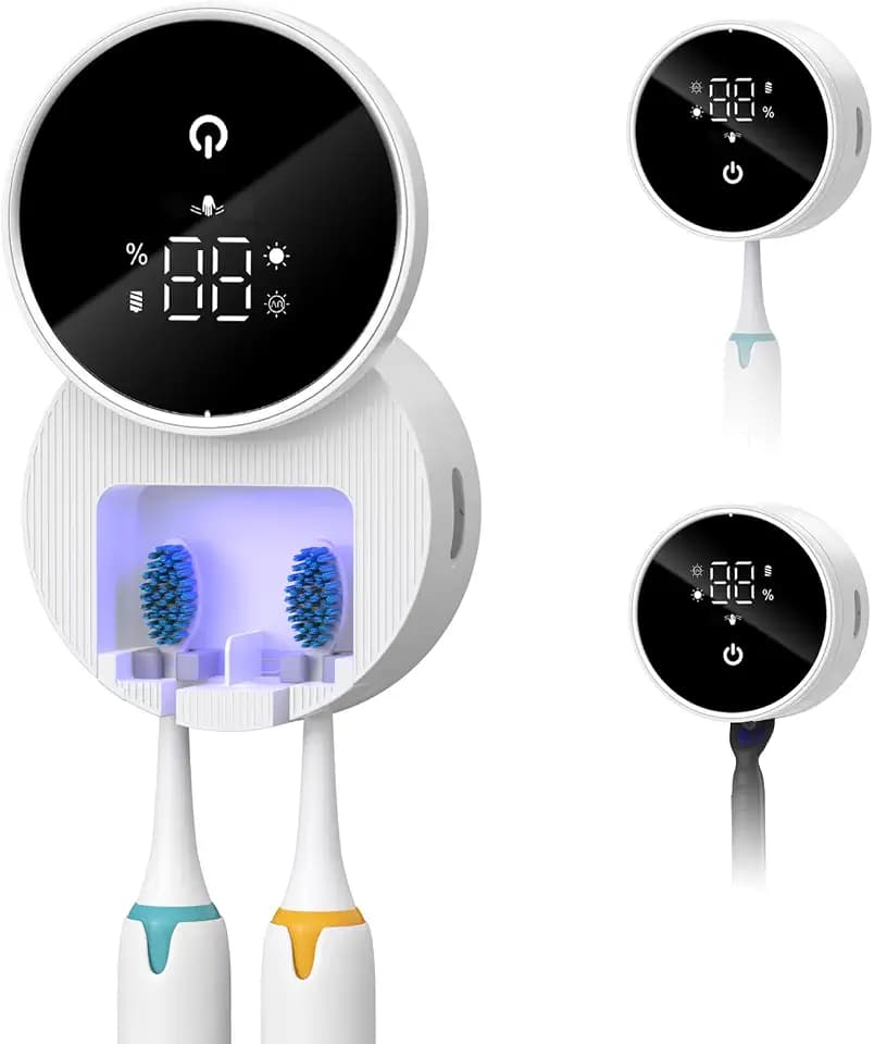Zahnbürsten Sterilisator mit UV licht & 60°C Trockner – Intelligenter Sensor, Wiederaufladbare Zahnbürstenhalter, Wandmontage Ohne Bohren, 2 Zahnbürstenschlitzen
