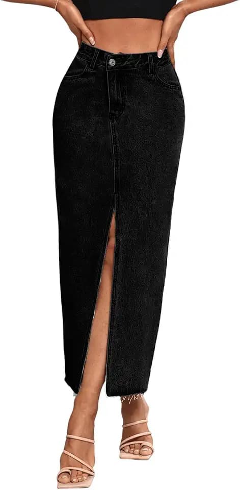 Women's High Waist Stretch Maxi Denim Skirt Front Split Frayed Raw Hem A line Casual Long Jean Skirt