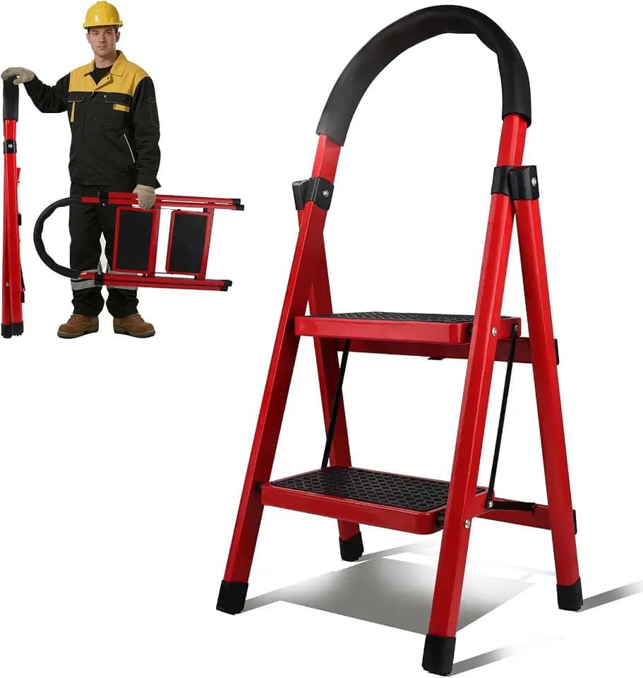 2 Step Ladder Folding, Step Stools for Adults with Wide Anti-Slip Pedals, Curved Cushioned Handrail and Safe-Lock Design, Heavy Duty Portable Multi-Purpose Ladders for Home, Kitchen, Household