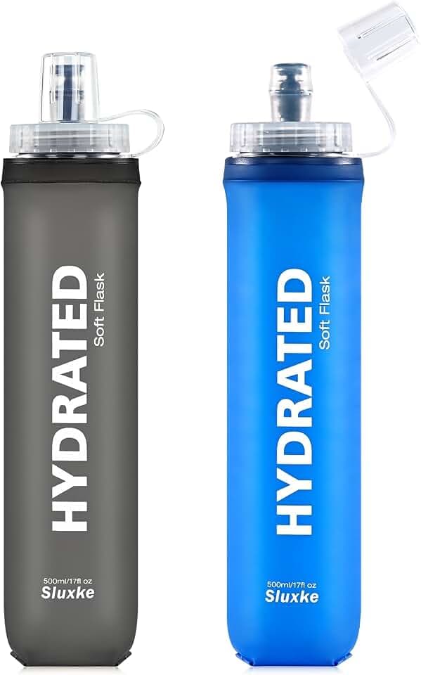 SLUXKE 500ml Faltbare Trinkflasche Set von 2, Faltbare Wasserflasche TPU Soft Flask, Leichte, Flexible, Rollbare, BPA FREIE Sportflasche zum Wandern Camping Fitness Klettern