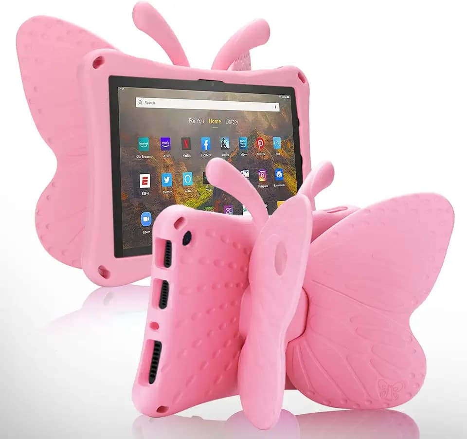 Simicoo Kindle Fire HD 10 Kid Tablet Case 11th 13th Gen 2021 2023 10.1'' HD10 Cute Butterfly Kid-Pro Case with Stand Light EVA Rugged Shockproof Kid Friendly Full Cover for Kids Girl Toddler (Pink)