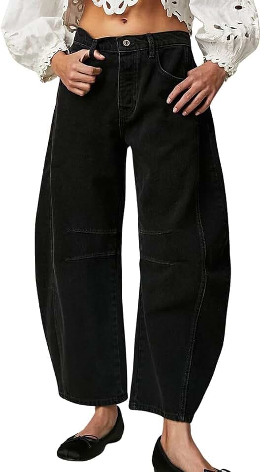 Womens Stretchy Mid Rise Barrel Jeans Vintage Loose Wide Leg Cropped Denim Pants Y2k Baggy Boyfriend Jeans