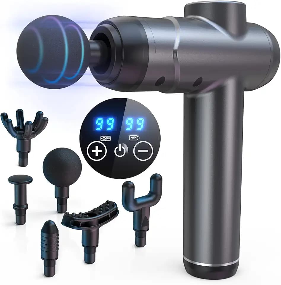SHAVINGFUN Massagepistole Massagegerät,Mini Massage Gun,Muskel Massagegerät Elektrisch,Tragbar Handmassagegerät mit 99 Geschwindigkeiten,6 Massageköpfen zur Linderung von Muskelschmerzen (grau)