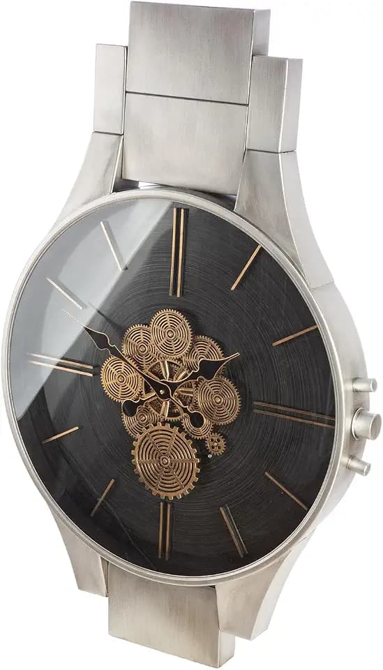GILDE Wanduhr Timing - Metall - silberfarben mit Zahnrädermotiv - metallische Optik - Höhe 99cm x Breite 63cm