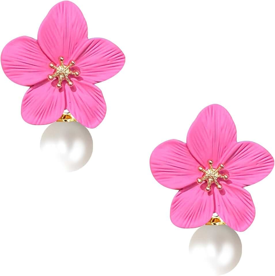 Handmade Bohemian Matte Flower Dangle Drop Earrings White Metal floral Pearl Stud Earrings For Women Statement Wedding Holiday Jewelry