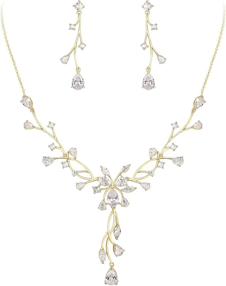 EVER FAITH Cubic Zirconia Bridal Jewelry for Bride Bridesmaid, Elegant Leaf Flower Wedding Prom Necklace Dangle Earrings Set for Women
