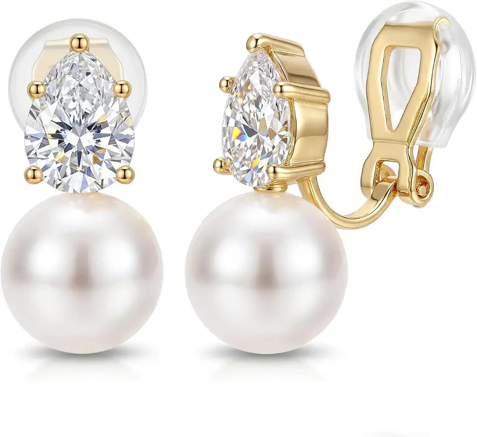 CASSIECA Pearl Clip On Earrings for Women Dangle Earrings Wedding Jewelry