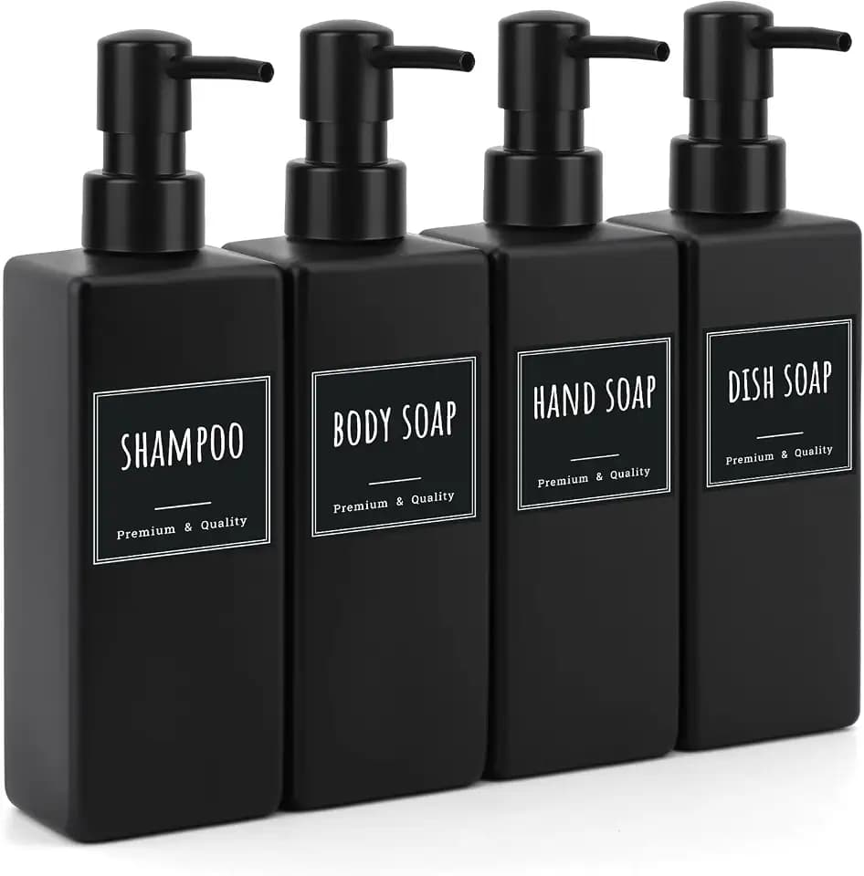 Segbeauty Seifenspender Plastik Nachfüllbarer, 4 Stück Shampoo Spender für Dusche 500ml, Handseifenspender mit Wasserdichtes Etiketten (Schwarz Matt)