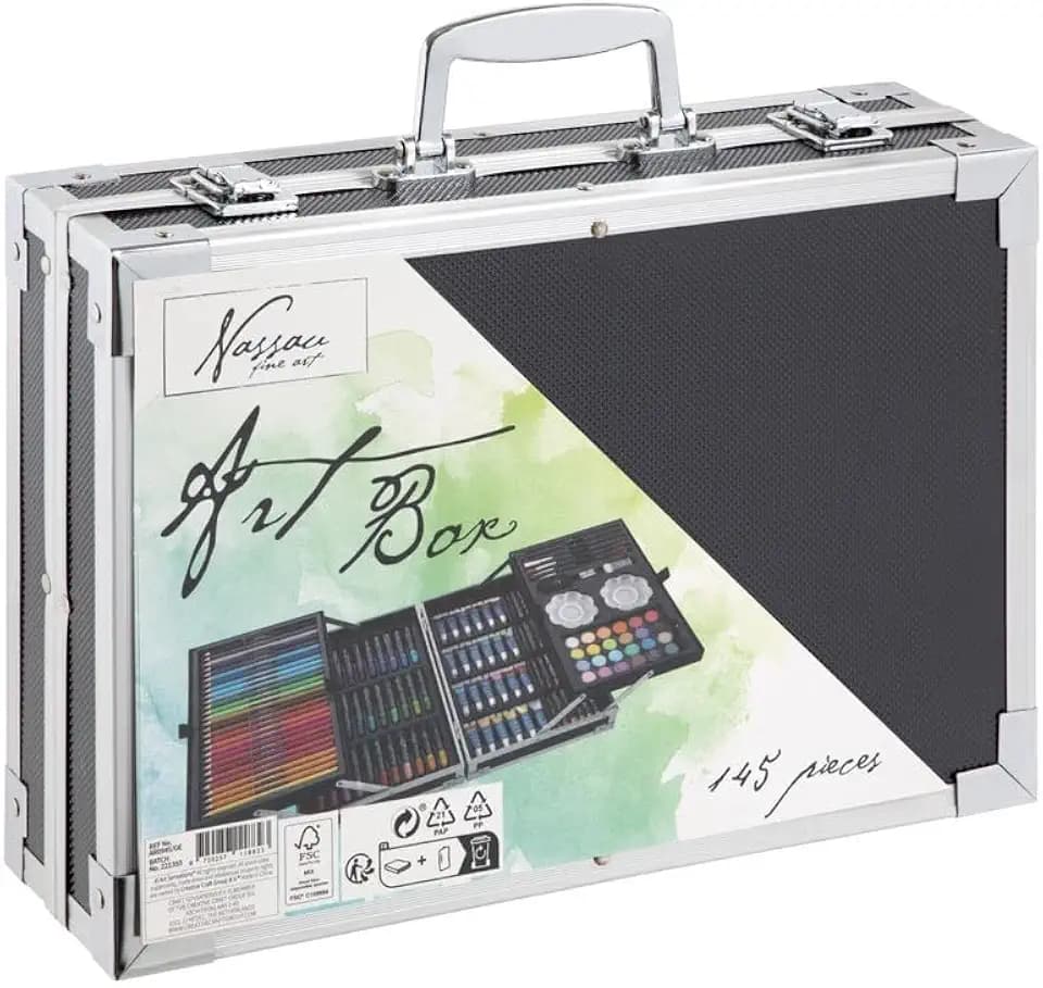 Nassau Fine Art Malkoffer | 145-teiliger Kunstzeichenkasten in Metall-Aufbewahrungsbox| Kreativitätsbox für Kinder und Erwachsene | Buntstifte, Aquarellfarben, Pastellkreiden | Hobby, Schule & Beruf