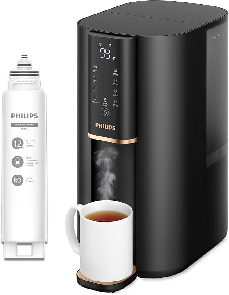 Philips 6100 Umkehrosmose-Wasserspender: Heißes, gereinigtes Wasser in Sekunden, 5-in-1-Umkehrosmosefilter-Filter reduziert >110 Schadstoffe, 3:1 Rein-Abwasser, UV-C-Schutz, keine Installation, 2000L