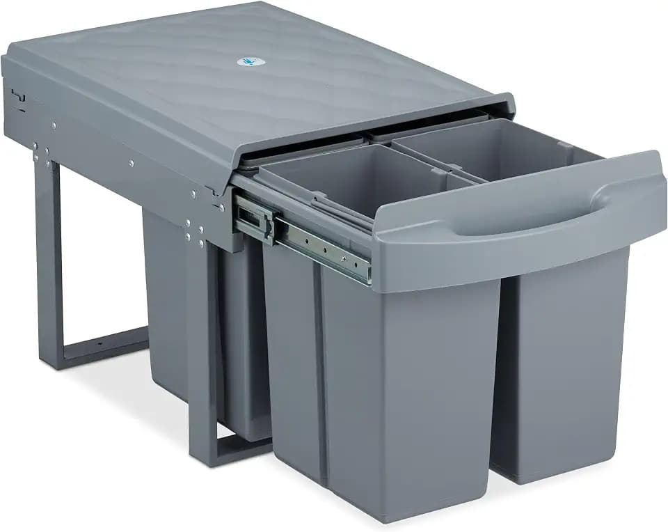 Relaxdays Einbaumülleimer 4-Fach, auziehbarer Küchenmülleimer für Unterschrank, 4X 8 Liter, 34,6 x 34 x 51,8 cm, grau