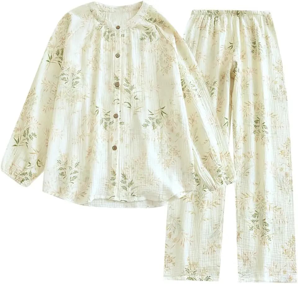 codcm Womens Cotton Gauze Pajama Sets Muslin Pj Set Crew Neck Button Down Sleepwear 2 Piece Lounge Set