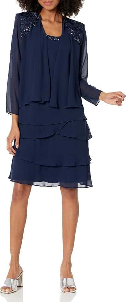 S.L. Fashions Women's Mother of The Bride Tiered Jacket Dress with Shoulder Embellishment