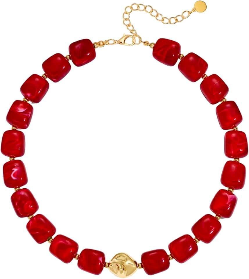 Colorful Chunky Necklaces for Women Multicolored Large Square Acrylic Beads Necklace Trendy Bold Statement Beaded Necklace Summer Vacation Choker Jewelry