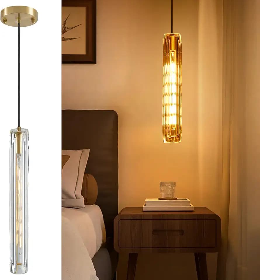 Modern Clear Crystal Pendant Light – Adjustable Ceiling Lamp with Dimmable LED Bulbs, Energy-Efficient Lighting for Kitchen Island, Dining Room, Bathroom, and Bedroom (14.95", 2 Bulbs)