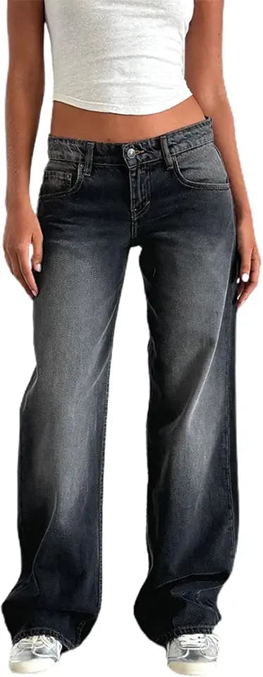 Yassiglia Damen Baggy Jeans Y2K Low Rise Wide Leg Jeans Boyfriend Jeans für Frauen Casual Baggy Hose mit Tasche