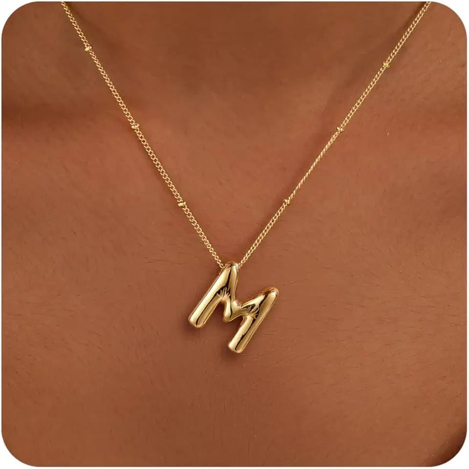 Inerney Gold Bubble Letter Necklace Initial Necklaces for Women, Chunky 14K Plated Balloon Initials, Trendy Charm Non Tarnish Custom Name Pendant Jewelry Gifts for Mom
