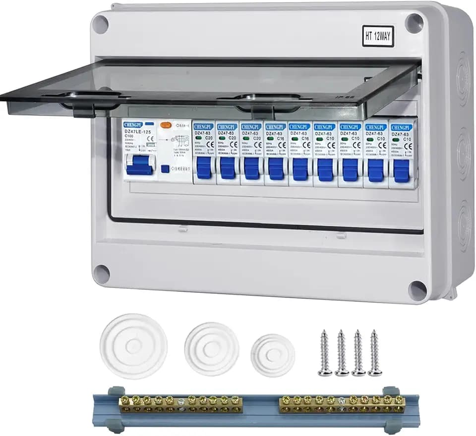 CHENGPI Sicherungskasten Aufputz IP65,Aufputz Verteiler Kleinverteiler,Verteilerkasten für Zuhause/Büro/Einkaufszentrum,Leistungsschalter 100A,Luftschalter 4 * 10A+3 * 16A+2 * 20A/12-Module