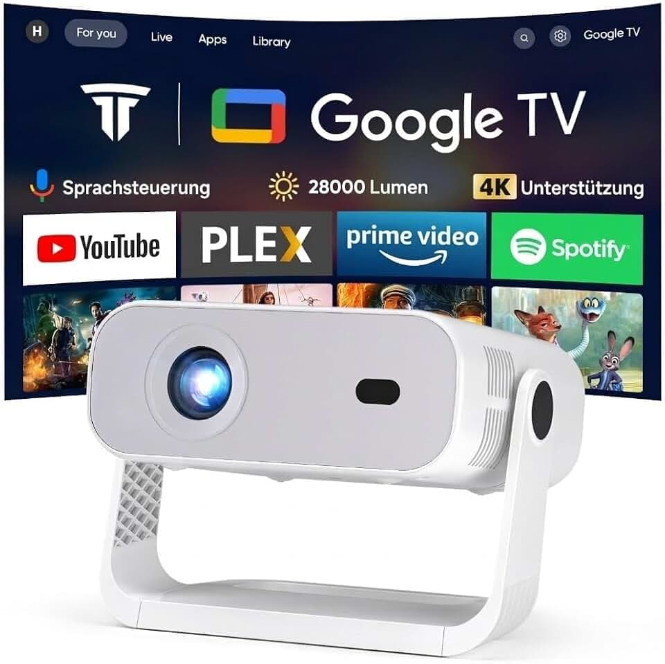 [Wielio 2026 Upgrade Google TV Beamer] Natives 1080P, 4K-Unterstützung, 25000 Lumens,elektrischer Fokus & Trapezkorrektur, WiFi & BT Heimkino Beamer, Mini Projektor mit 360° drehbarem Ständer