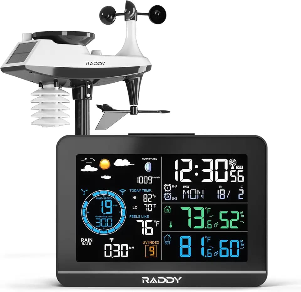 Raddy UV-6 Professional Weather Station with 6" VA Display and Outdoor Sensor, Wireless Indoor Outdoor Temperature & Humidity Monitor, Atomic Clock, UV & Light Index, Wind Speed, Rain Gauge